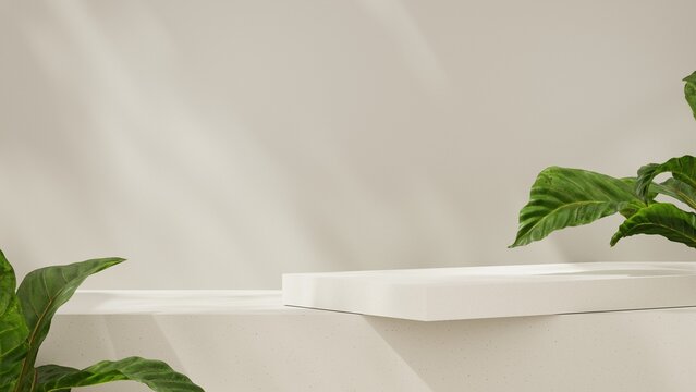 Minimal white product stage with green tropical leaves and soft studio lighting for beauty branding.