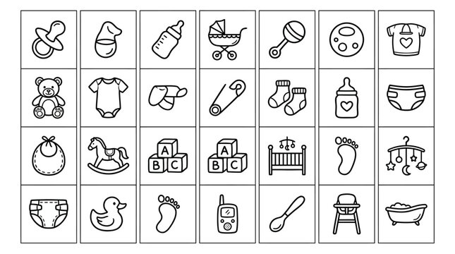 Set of black and white line art baby icons, including pacifier, bottle, stroller, rattle, teddy bear, and more, perfect for newborns and infants.