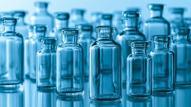 Rows of empty glass bottles on a blue background