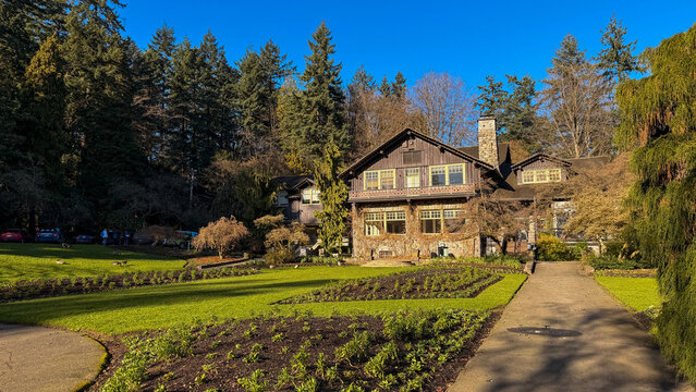 Dining Pavilion historic stone cottage Stanley Park Vancouver sunny day