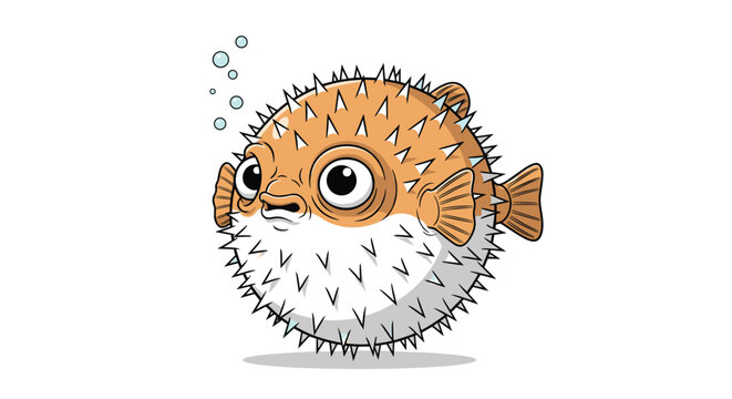 Cute cartoon pufferfish with large round eyes and sharp defensive spikes swimming with bubbles on an isolated white background.