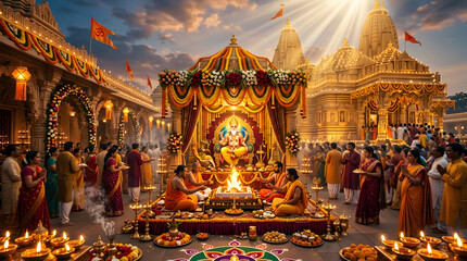 Fototapeta premium Devotees gather for a sacred Hindu religious ceremony with a central altar and deities.