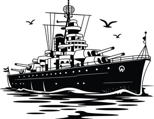 Black silhouette vector illustration of a vintage warship in the ocean. © Mst Insanara Begum