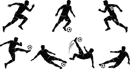 Football Player Silhouette Action Collection with Running Dribbling Sliding and Bicycle Kick Poses for Sports Design and Team Branding © Kirtan