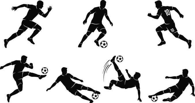 Football Player Silhouette Action Collection with Running Dribbling Sliding and Bicycle Kick Poses for Sports Design and Team Branding