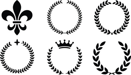 Set of black laurel wreaths heraldic elements fleur de lis crown symbols. © Mst Insanara Begum