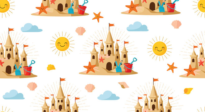 Fun and colorful seamless pattern background filled with smiling suns, grand sandcastles, sea shells, and friendly starfish.