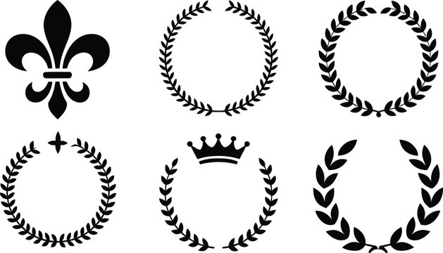 Set of black laurel wreaths heraldic elements fleur de lis crown symbols.