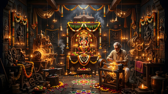 Elderly Man Engaged in Traditional Indian Craftsmanship Amidst Festive Decorations.
