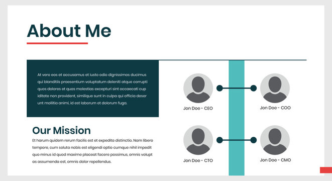 A vector graphic illustration of an About Me slide with a mission statement and team members