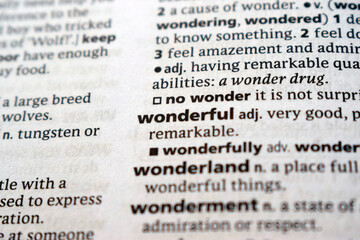 Fototapeta premium Close Up English Dictionary Page With The Word Translation Of - wonderful