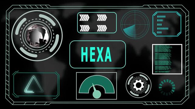 Futuristic HUD Interface with "HEXA" Acronym in Glowing Blue Concentric Circles and Digital Background, 4K Animation Video of The World Digital Data Cyber Technology.