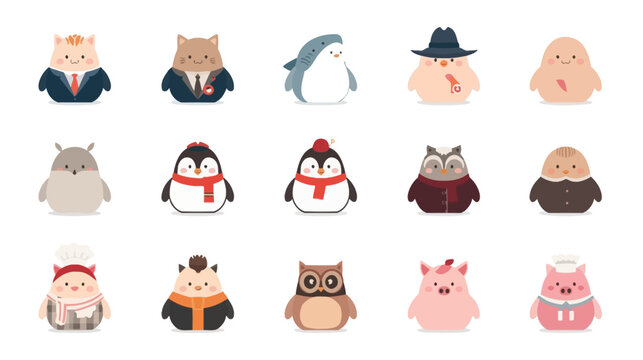 A grid of 9 funny minimalist vector characters. Each character is a rounded blob-shaped animal with simple faces_ a round cat blob wearing a business suit and tie, a shark blob wearing a lifeguard