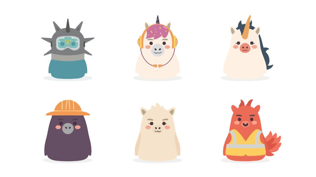 A collection of 6 minimalist flat vector blob characters. Mythical creatures with modern jobs_ a small dragon blob wearing a welder&rsquo;s mask, a unicorn blob wearing a glittery pop-star headset