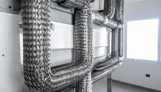 Industrial braided steel wire mesh hose coverings protecting internal rubber tubes, showing heavy duty engineering components mounted against a clean workshop wall in a bright industrial environment.