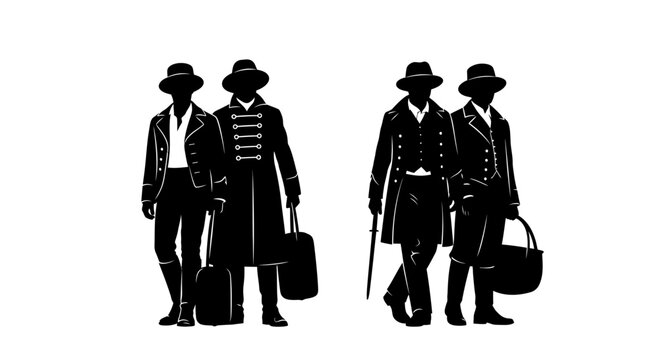 Traditional men in hats and coats carrying luggage and basket