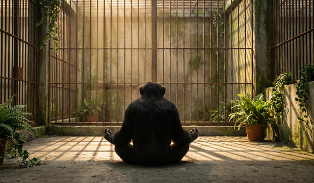 Clever Chimpanzee Sitting in Focused Yoga Lotus Pose Inside Empty Zoo Enclosure with Dramatic Sunlight