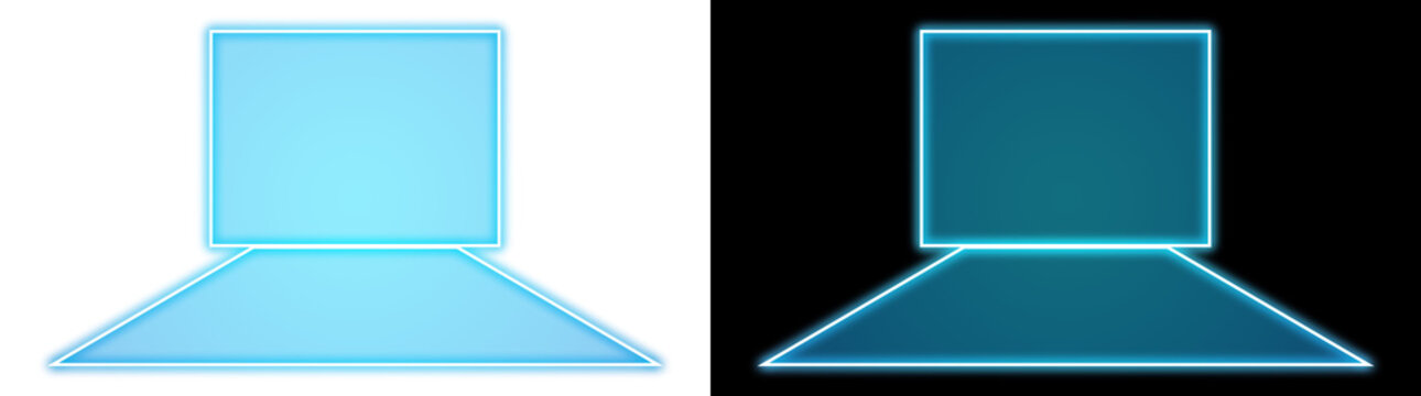 Glowing cyan neon glowing podium screen frame with trapezoid stage floor on transparent and black background, isolated neon UI banner element for video overlay and broadcast graphic design