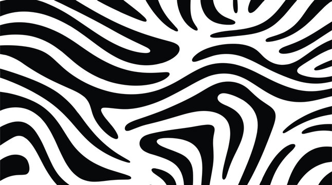 Abstract zebra skin pattern featuring bold black and white wavy stripes in a fluid organic for textile prints and backgrounds
