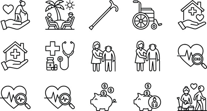 Minimalist elderly care and retirement line icon set with nursing home and medical healthcare symbols vector