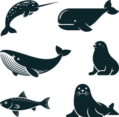 Set of marine animal silhouettes including narwhal, whale, seal, and fish on a white background © Md