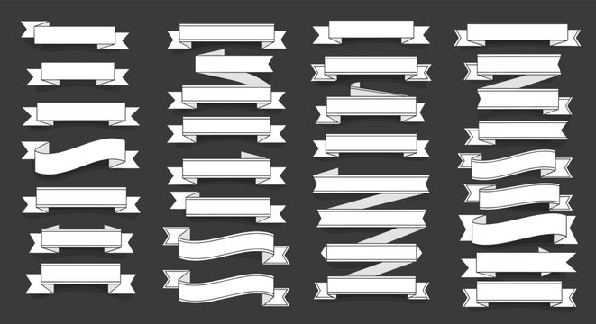 Collection of blank white ribbon banner templates and decorative parchment scrolls provided in various shapes on a dark background.