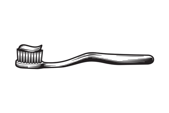 Vector icon showing a simple toothbrush with toothpaste on the bristles, featuring clean lines and a minimalist design for dental care themes.