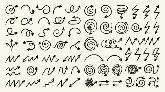 40 Hand drawn swirl, spiral, and arrow icons, black line art on cream background, vector graphics set