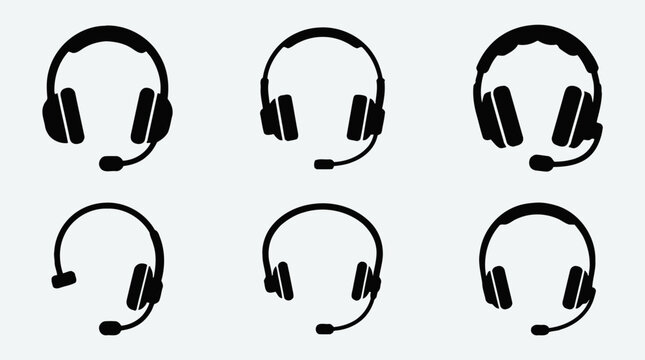 Headset icons, call center symbols, customer service signs, black vector graphics, communication elements, 6 pcs