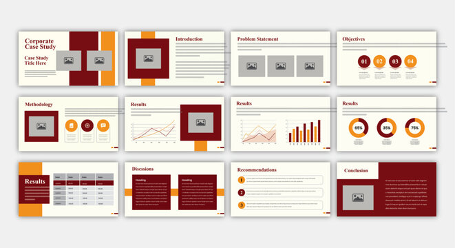 A comprehensive case study slide set template with red and yellow accents on a white background, used for business presentations and data analysis