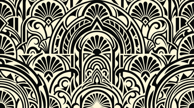 Deco style seamless pattern featuring symmetrical black geometric arches and fan shapes on cream