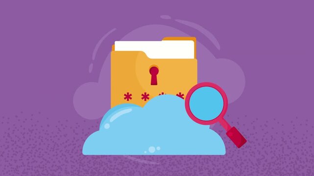 Cloud computing data security motion graphic featuring locked folder and magnifying glass icons with password protection.