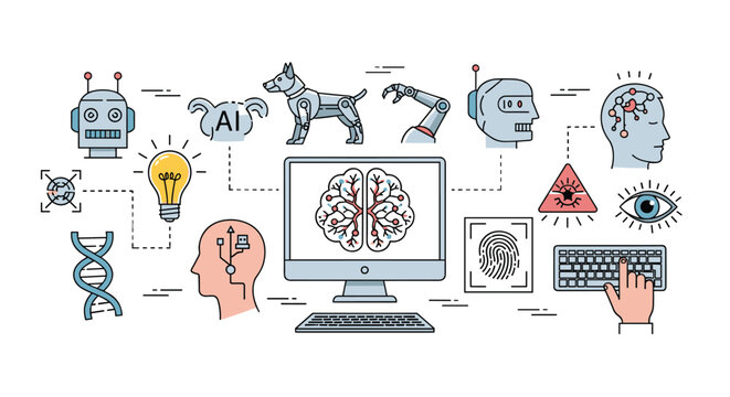 Comprehensive infographic about artificial intelligence features icons for robotics, deep learning, brain scans, and advanced computer systems.