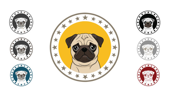 Set of circular pug dog logos features the cute puppy face in various color schemes surrounded by a border with small stars on a white base.