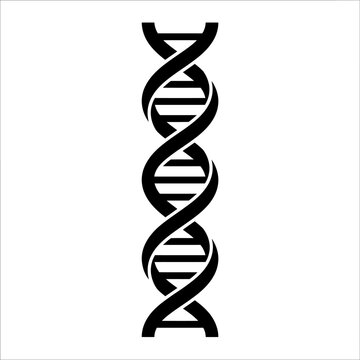 Black DNA double helix structure on a white background, representing genetics and molecular biology.