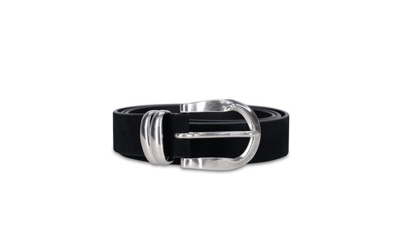 Black leather belt with silver double buckle isolated on transparent background