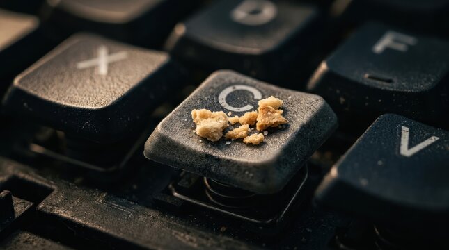 Dirty computer keyboard with crumb on copy button