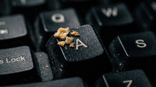 Crumbly snack on computer keyboard button closeup