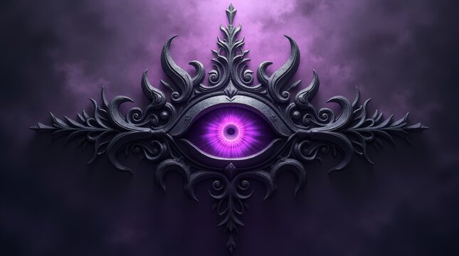 Mystical glowing purple eye set in ornate dark metal frame with gothic intricate carvings on a dark background for fantasy and magic concepts