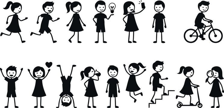 Happy kids and children stick figure icon set with daily activities running cycling and playing