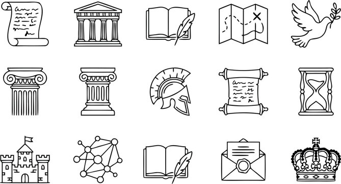 History and ancient civilization line icon set with scroll column temple helmet crown and castle