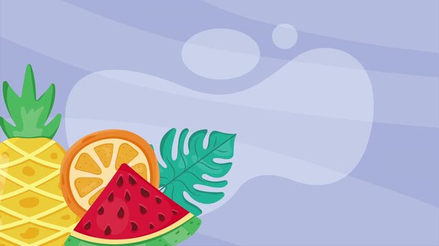 Fresh juicy fruits including pineapple, watermelon and orange slice on blue wavy background with motion effect.
