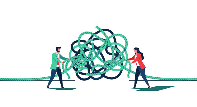 Business Team Untangling a Complex Knot of Challenges and Problems