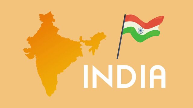 Animated map of India with waving national flag and bold text on orange background.
