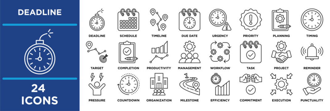 Deadline icon collection set. Containing deadline, schedule, timeline, due date, urgency, priority, planning, timing, target, completion, productivity. outline
