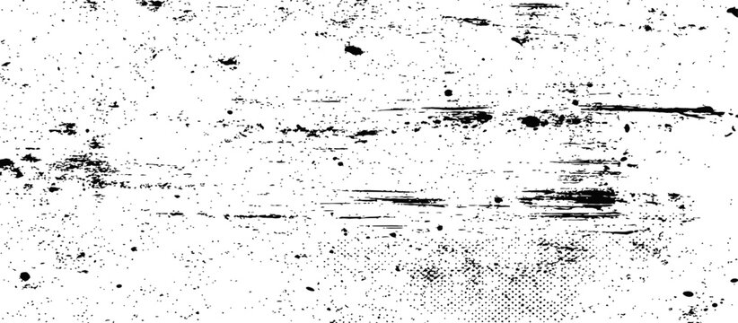 Grungy Black and White Distressed Texture Overlay with Scratches Splatters and Halftone Dots Background