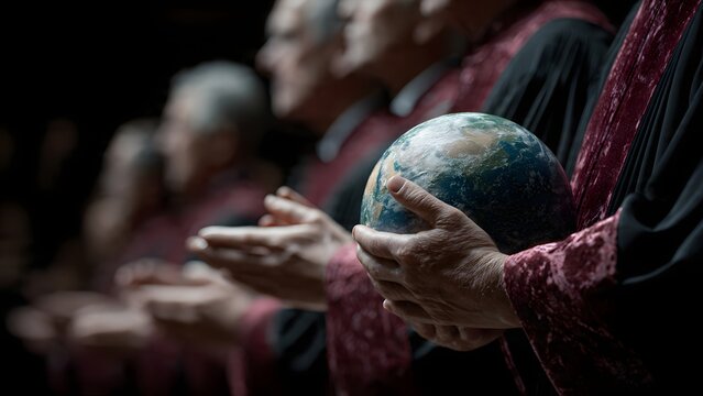 Leaders in formal attire holding a globe with reverence