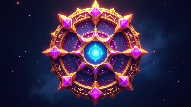 Golden magic wheel with purple gems and glowing blue light in the center for fantasy game ui design