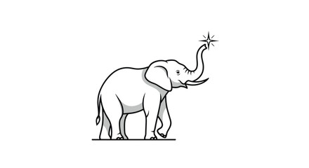 Fototapeta premium Minimalist outline illustration of a majestic elephant raising its trunk towards a bright sparkling star on a plain white background.