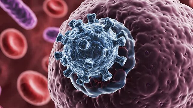 Microscopic view of virus attacking human cell with red blood cells and bacteria.